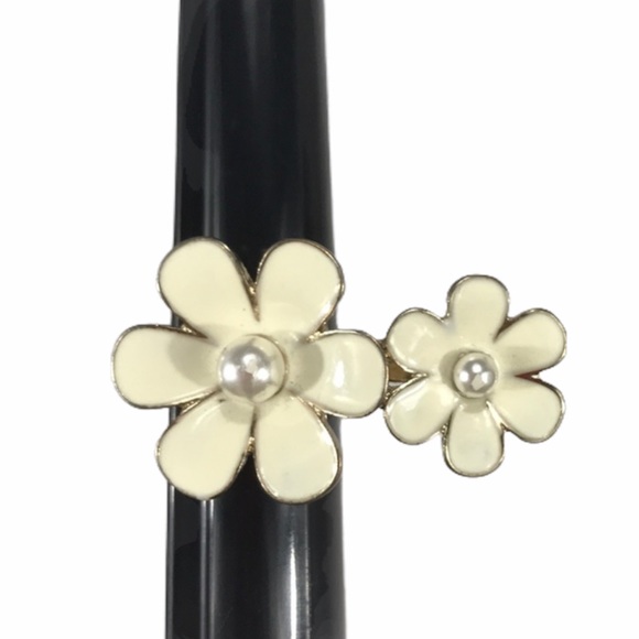 Faux Pearl Double Ring, Gold Tone, Cream - Picture 1 of 9